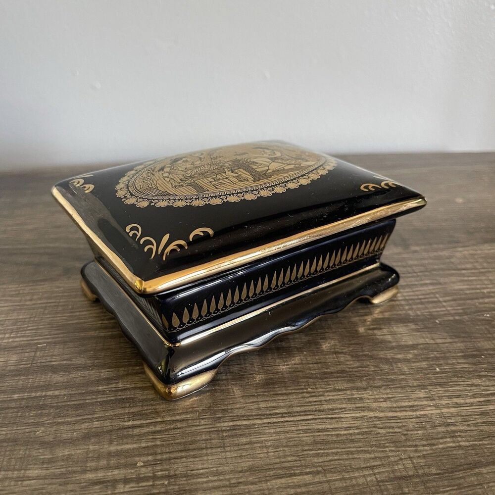 Vintage Fakiolas Greek Handmade Porcelain Jewelry Box With 24K gold Accents